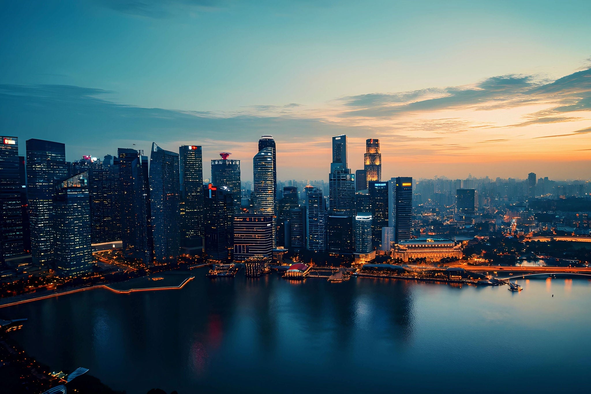 City skyline with sunrise on the background