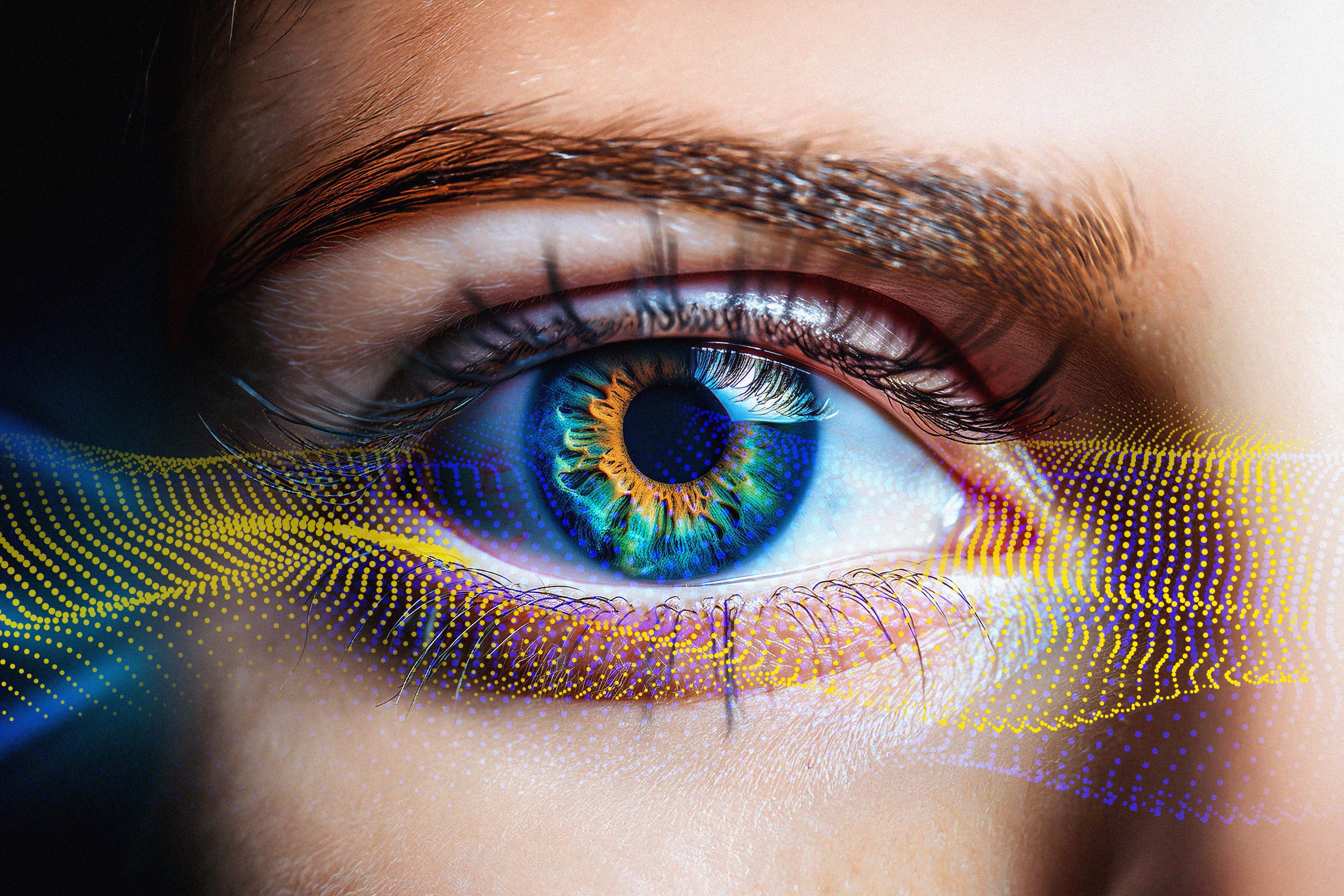 Woman blue yellow eye on digital wave scan